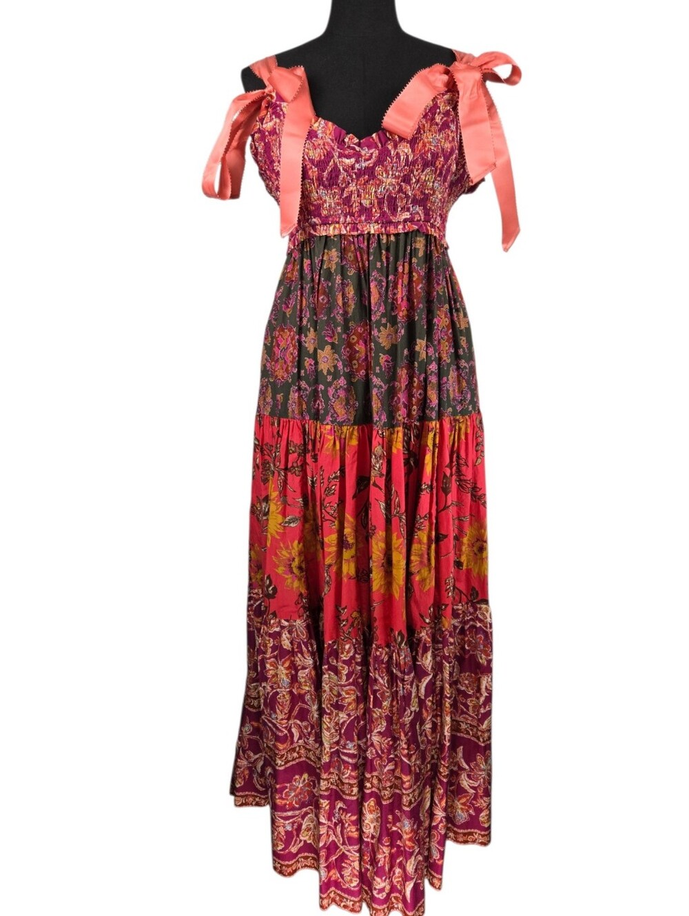 Free People Bluebell Maxi Dress  Magenta Combo Floral Boho Smocked Pockets Sz S - Picture 8 of 16